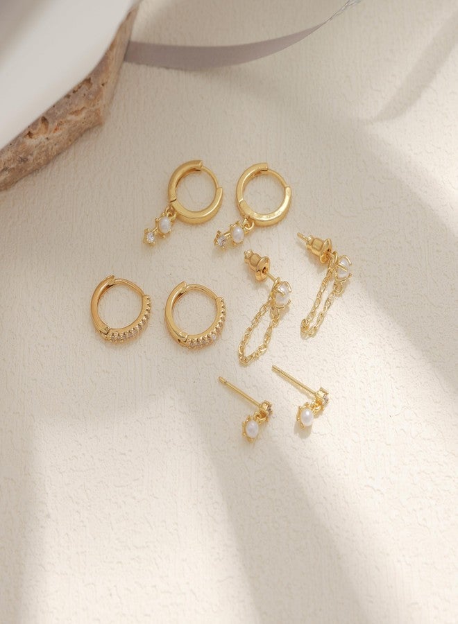 Ewrkbrㅤ Gold Plated Earrings for Women, Dainty Earring Stacks 14K Gold Plated Pearl Huggie Hoop Earrings for Women Trendy Small Cute Hypoallergenic Cartilage Earring Sets Fashion Jewelry Sets for Womens - Image 4
